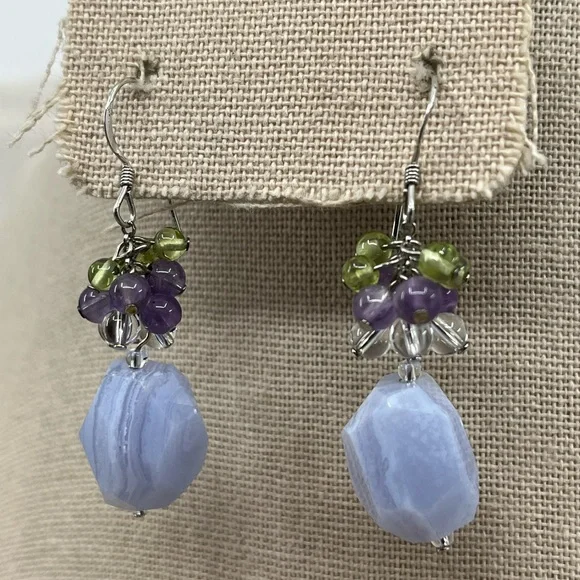 Ross-Simons Blue Agate Amethyst Peridot Quartz Cluster Dangle Earrings 11.6g - Picture 5 of 15